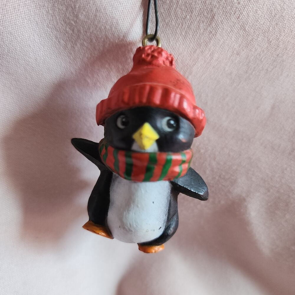 Penguin Walking Christmas Ornament 1981 Hallmark 2" Holliday Resin Hat Scarf